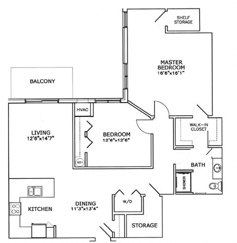 Floor plan for 2 beds, 1 bath, 1248 sqft